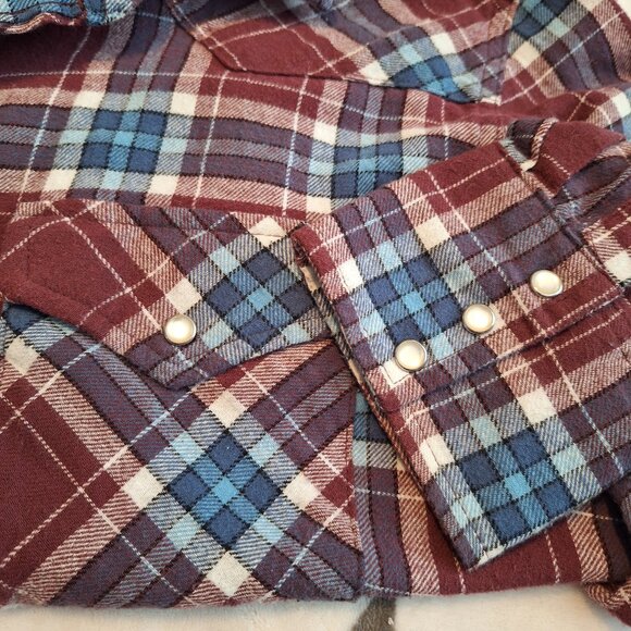 Wrangler Wrancher Men's Large Maroon Plaid Flannel Pearl Snap Button Up Shirt - Picture 3 of 9